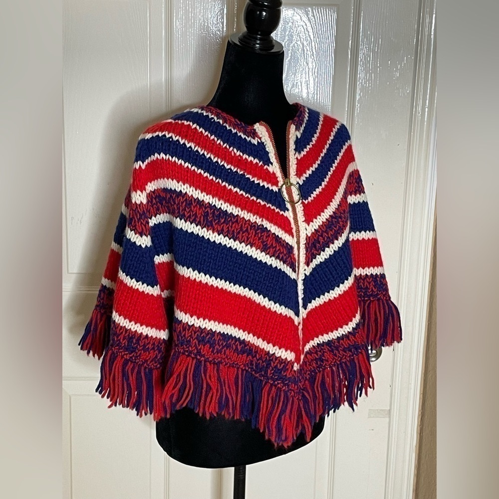 Handknitted Patchwork Wool Colorful Festival Boho Fringe Poncho Wrap - Picture 5 of 10